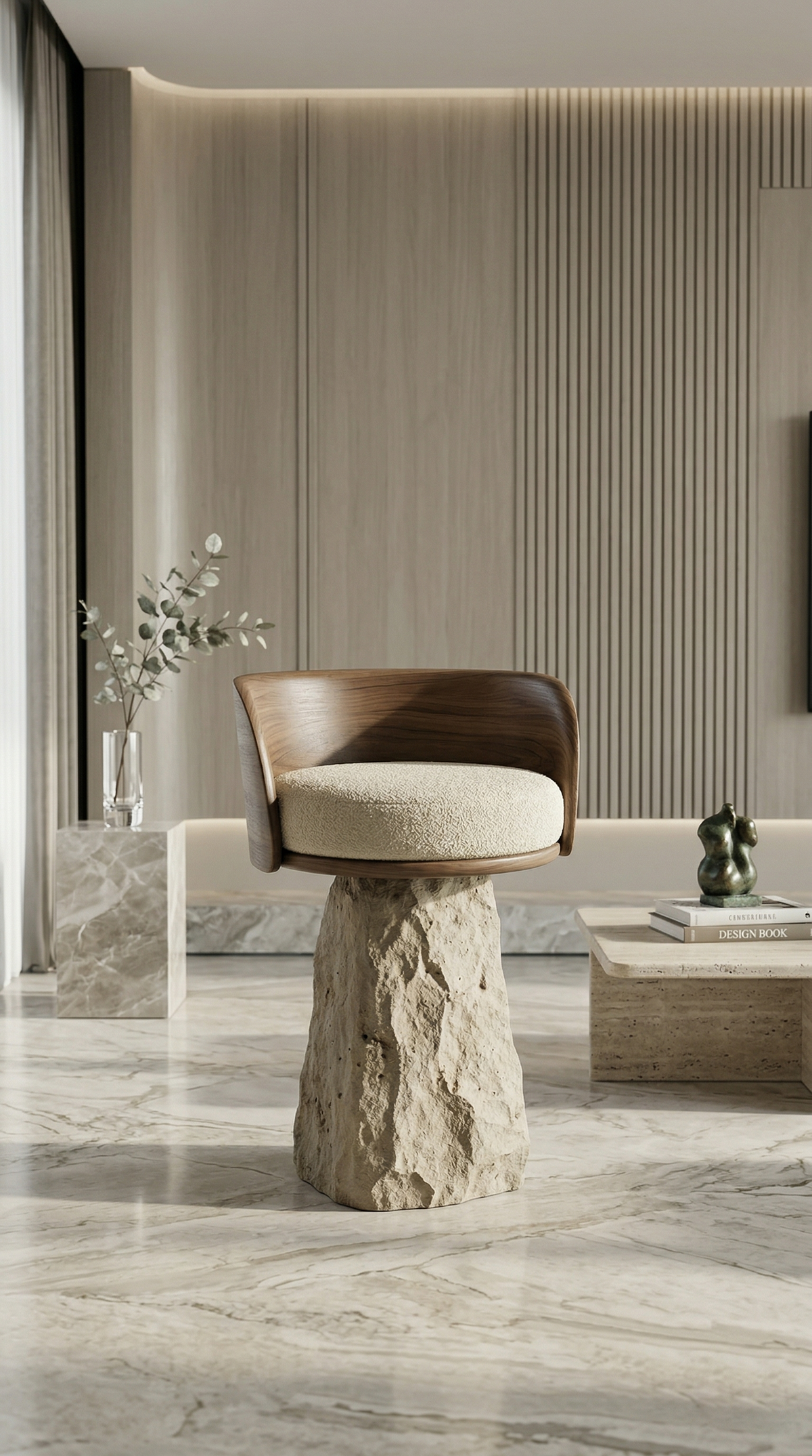 Sculptural Petra Monolith Stool - Solid Stone or Wood Aesthetic Statement