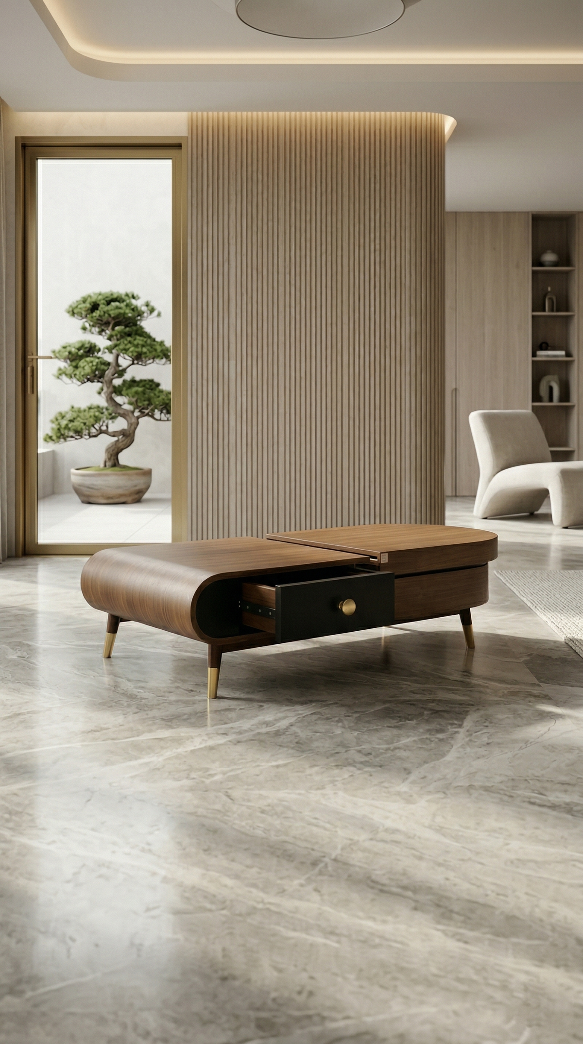 Architectural Arc-Base Coffee Table in Solid Wood - Maison Arbor Signature Collection