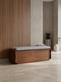 The Elara Walnut & Tweed Entryway Bench.