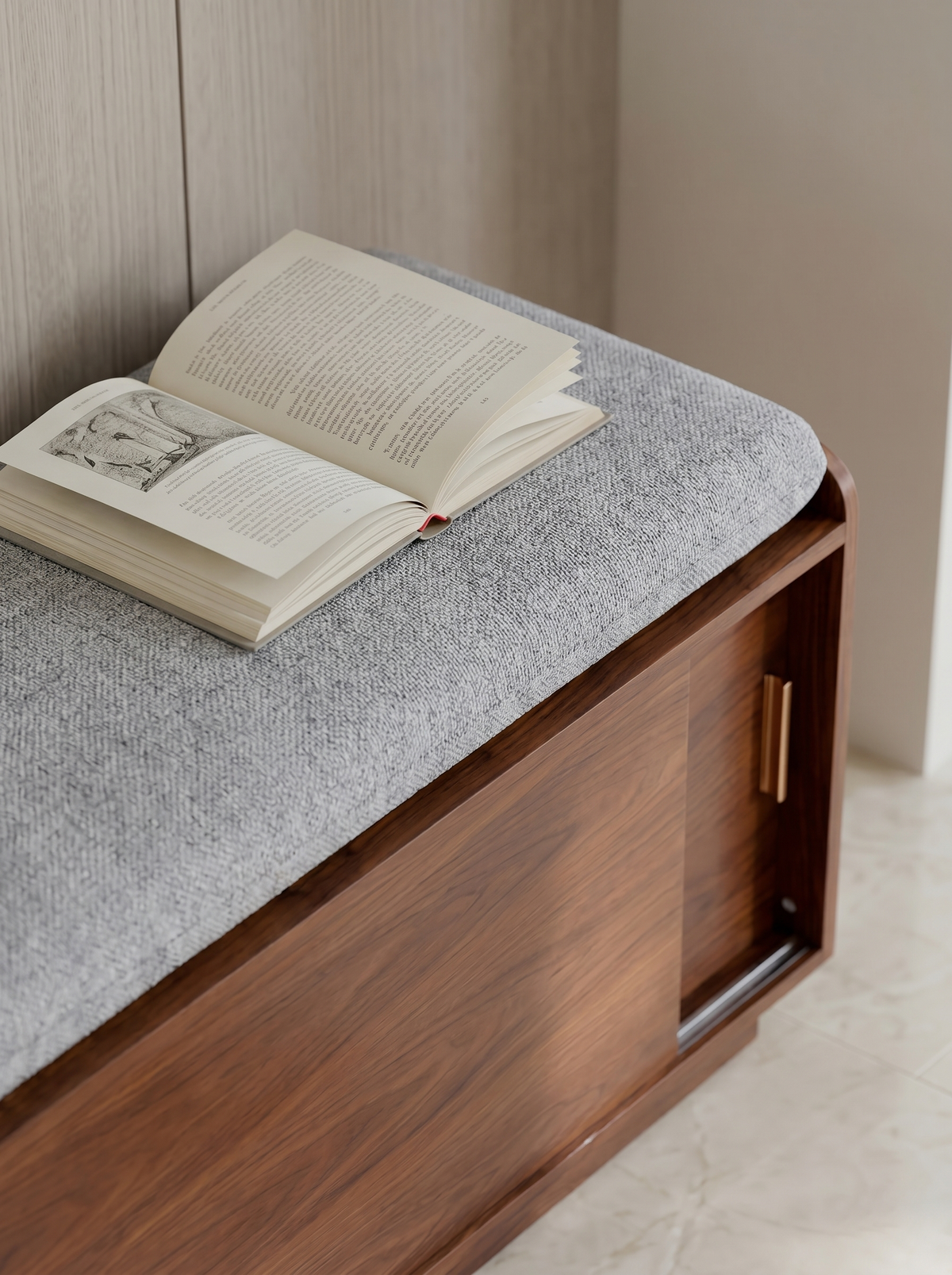 The Elara Walnut & Tweed Entryway Bench.
