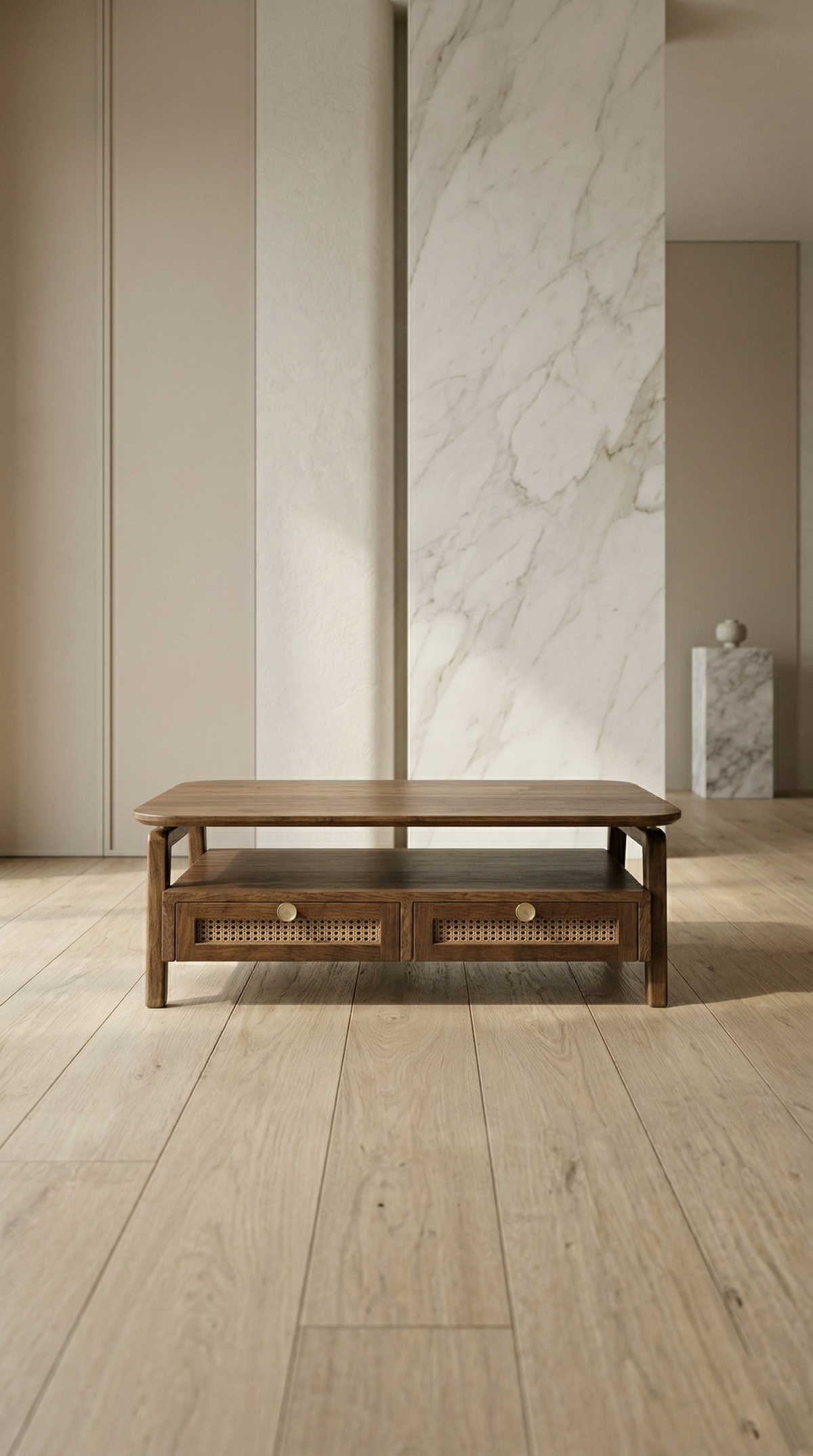 Mid-Century Modern Cane and Wood Coffee Table - Artisan Crafted in Ahmedabad