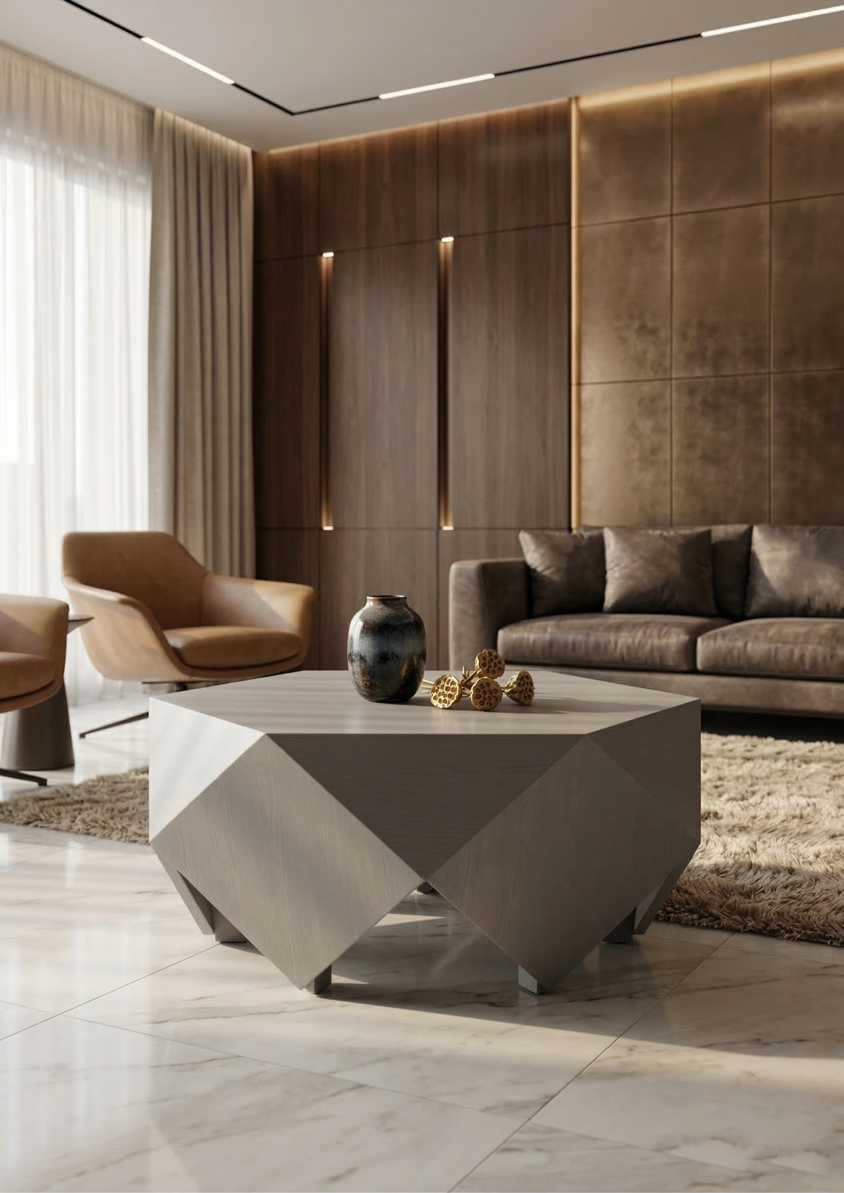 Geometric Hexagonal Coffee Table in Slate Grey Finish - Modern Architectural Design