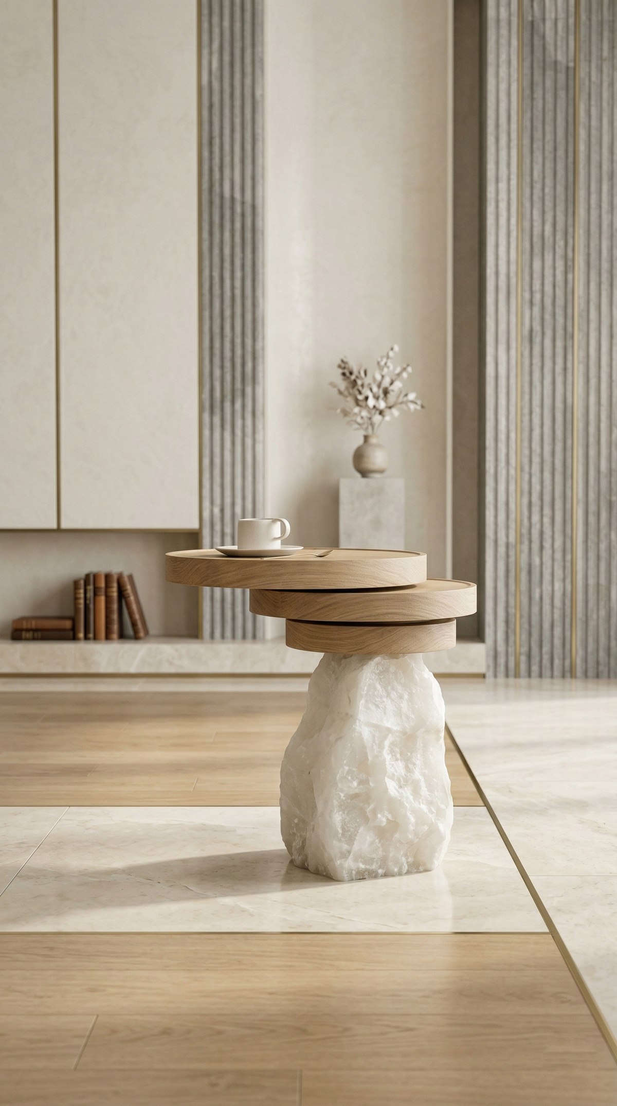 Tiered Luxury End Table in Polished Marble and Solid Wood Finishes