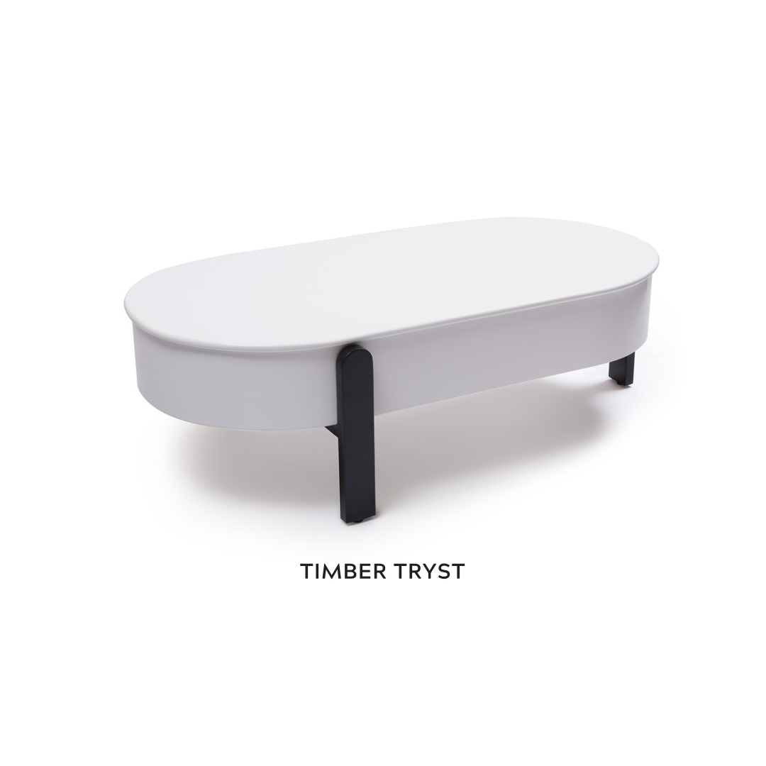 Timber Tryst | Minimalist Oval Lift-Top Coffee Table.