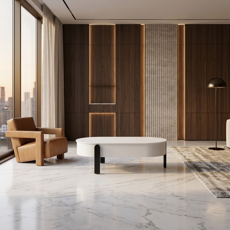 Timber Tryst | Minimalist Oval Lift-Top Coffee Table