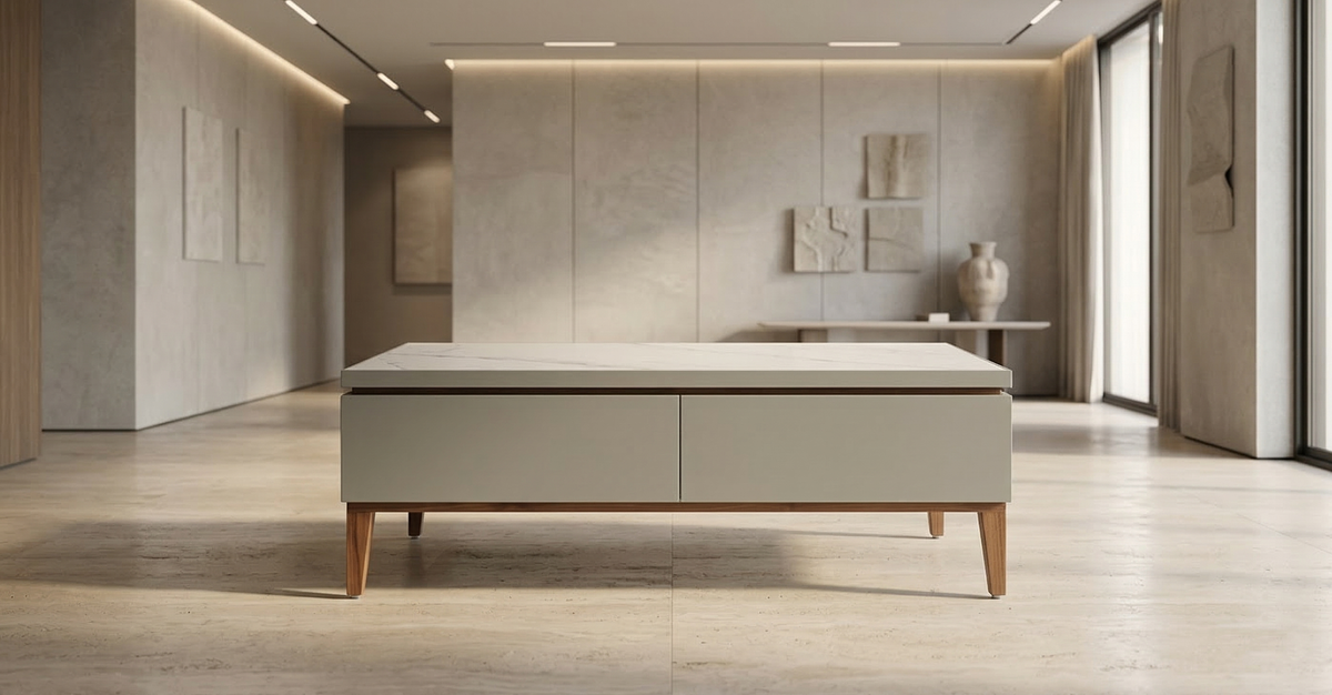Maryland Whitewood | Marble-Top Dual Drawer Coffee Table.