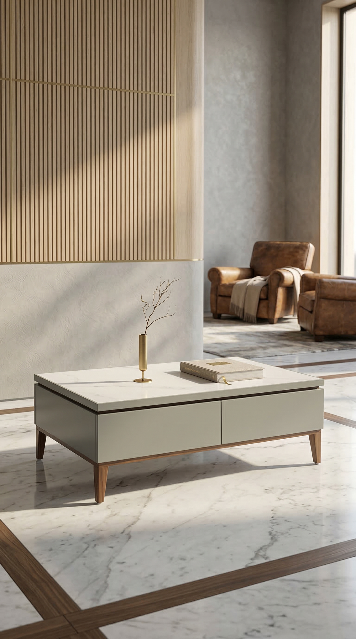 Marble-Top Dual Drawer Coffee Table in Maryland Whitewood - Premium Storage