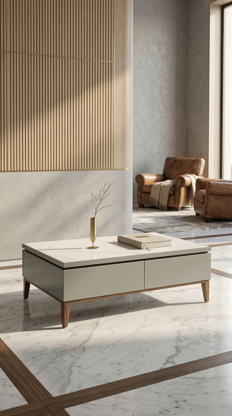 Maryland Whitewood | Marble-Top Dual Drawer Coffee Table