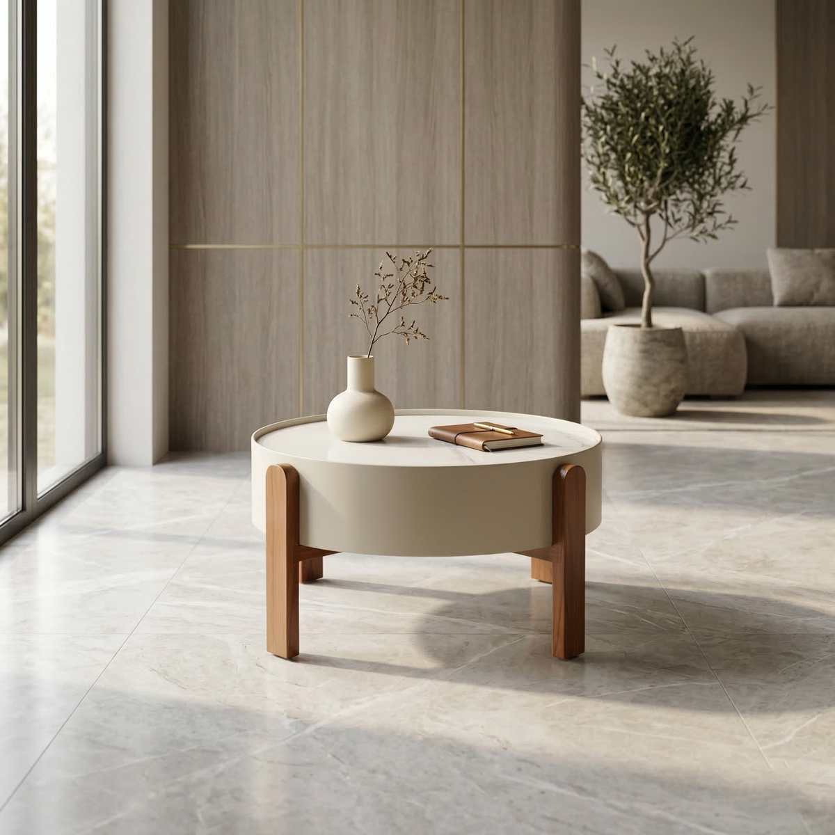 Round Marble-Top Drum Coffee Table with Sculptural Ribbed Base