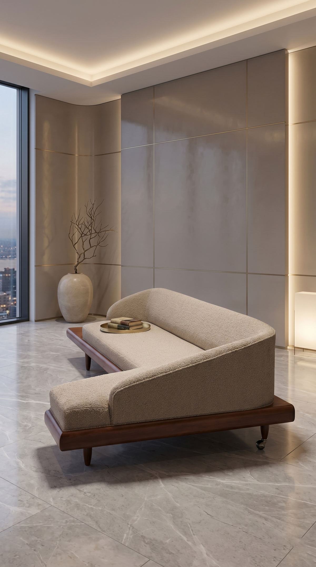 Side view of the Élan sectional showing its sweeping curved backrest and continuous flowing form, set on a hand-finished matte walnut wooden base that extends into a minimalist side platform.