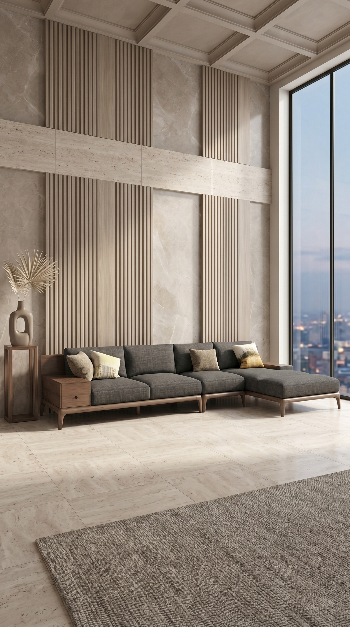 Side-profile view of the Isola Sectional sofa by Maison Arbor, highlighting the deep lounge chaise, textured upholstery, and artisanal wood plinth against a backdrop of floor-to-ceiling penthouse windows.