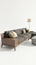 Product photography of the Isola L-shaped designer sofa on a pure white background, showcasing the low-profile architectural silhouette, integrated wooden side console, and plush neutral accent cushions.